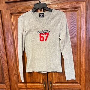 Ralph Lauren Gray Long Sleeve V-Neck Top with Red Embroidery